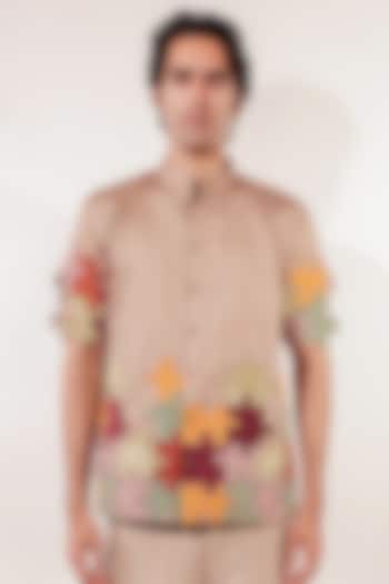 Hazelnut-Colored Cotton Lycra Hand Embroidered Wedding Shirt by Jubinav Chadha Men at Pernia's Pop Up Shop