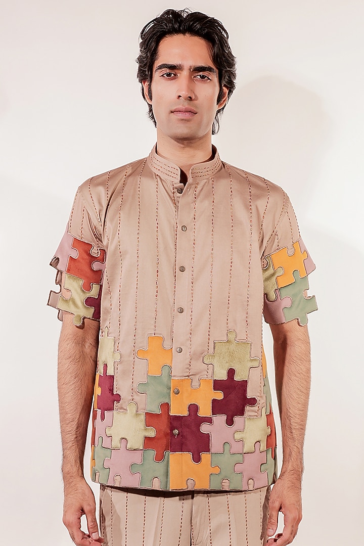 Hazelnut-Colored Cotton Lycra Hand Embroidered Wedding Shirt by Jubinav Chadha Men at Pernia's Pop Up Shop