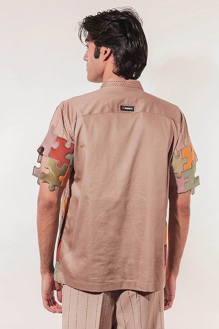Hazelnut-Colored Cotton Lycra Hand Embroidered Wedding Shirt by Jubinav Chadha Men at Pernia's Pop Up Shop