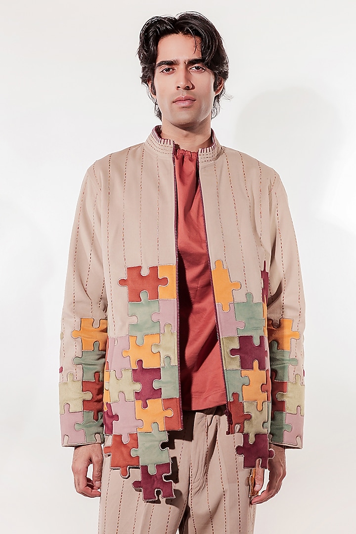 Hazelnut-Colored Suede Hand Embroidered Jacket by Jubinav Chadha Men