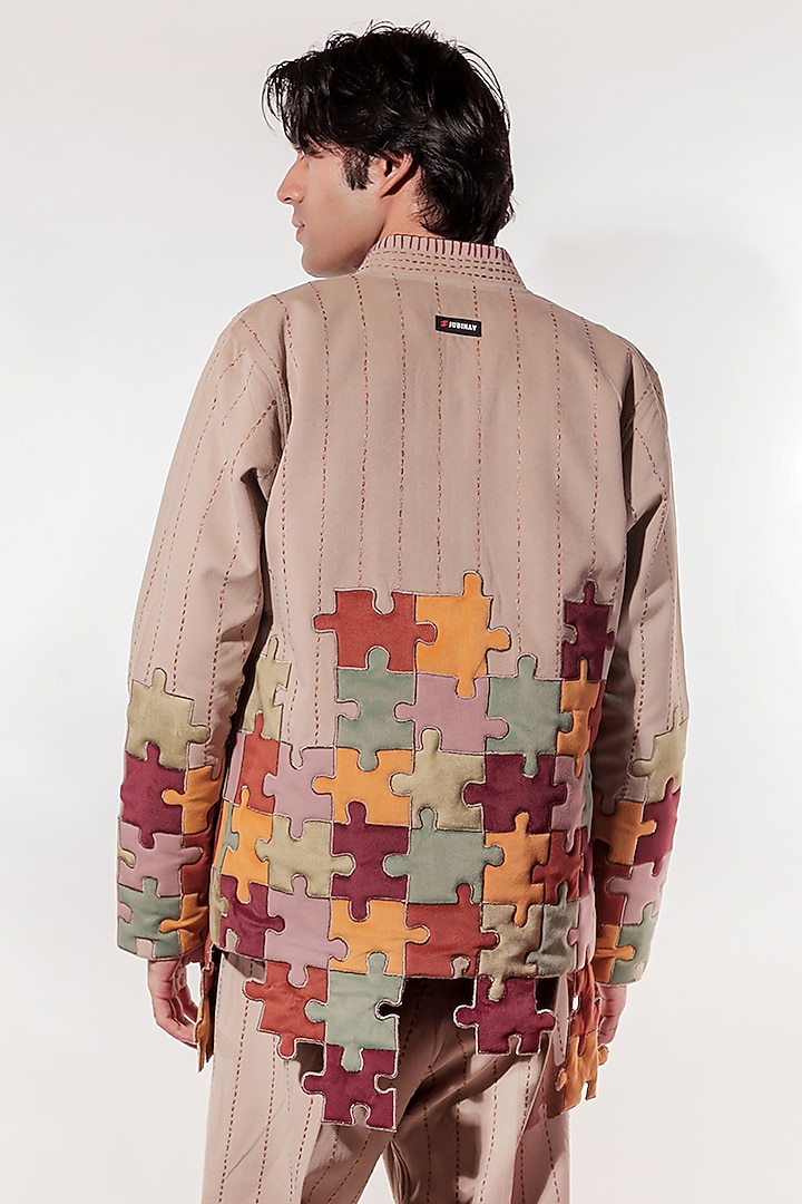 Hazelnut-Colored Suede Hand Embroidered Jacket by Jubinav Chadha Men at Pernia's Pop Up Shop