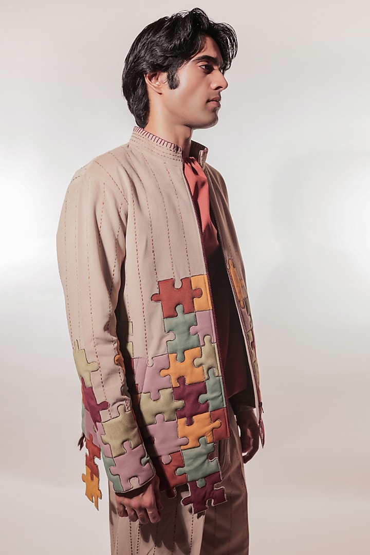 Hazelnut-Colored Suede Hand Embroidered Jacket by Jubinav Chadha Men at Pernia's Pop Up Shop