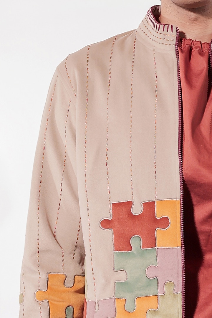 Hazelnut-Colored Suede Hand Embroidered Jacket by Jubinav Chadha Men at Pernia's Pop Up Shop