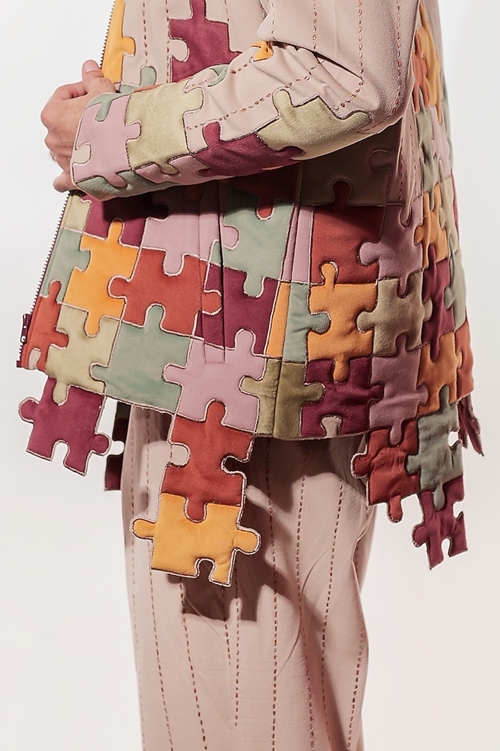 Hazelnut-Colored Suede Hand Embroidered Jacket by Jubinav Chadha Men at Pernia's Pop Up Shop