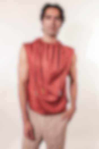 Rust Cotton Lycra Vest Shirt by Jubinav Chadha Men