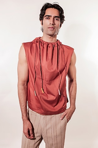 Rust Cotton Lycra Vest Shirt by Jubinav Chadha Men