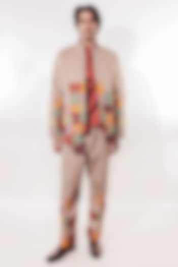 Hazelnut-Colored Suede Kantha Work Jacket by Jubinav Chadha Men