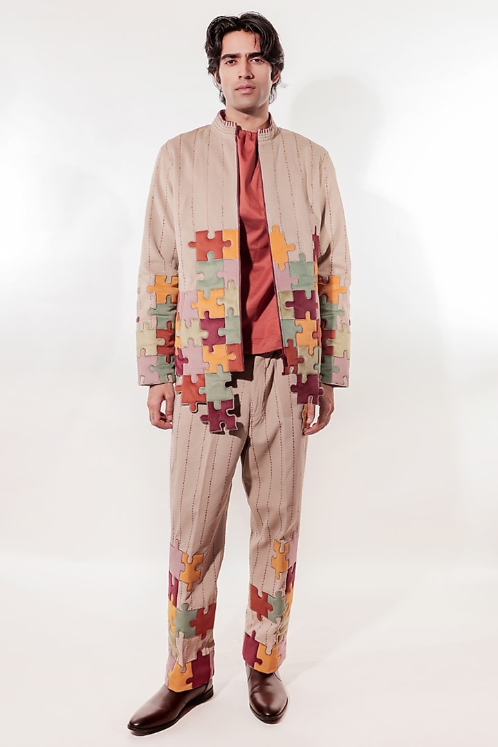 Hazelnut-Colored Suede Kantha Work Jacket by Jubinav Chadha Men