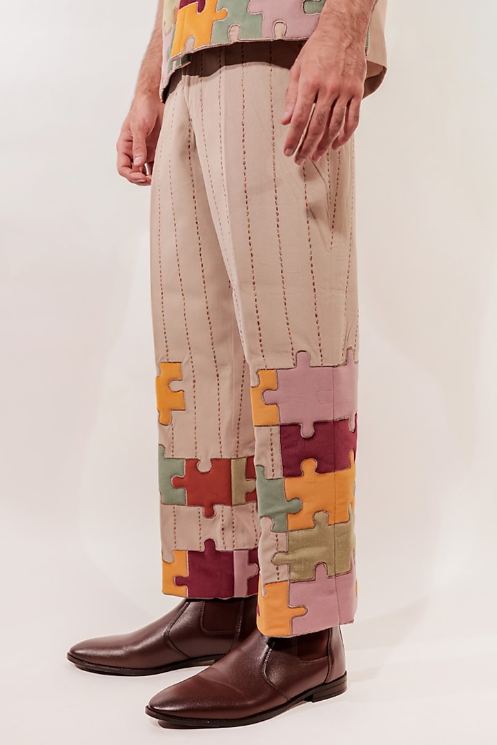 Hazelnut-Colored Suede Kantha Work Jacket by Jubinav Chadha Men at Pernia's Pop Up Shop