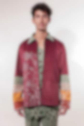Maroon Suede Kantha Embroidered Jacket by Jubinav Chadha Men