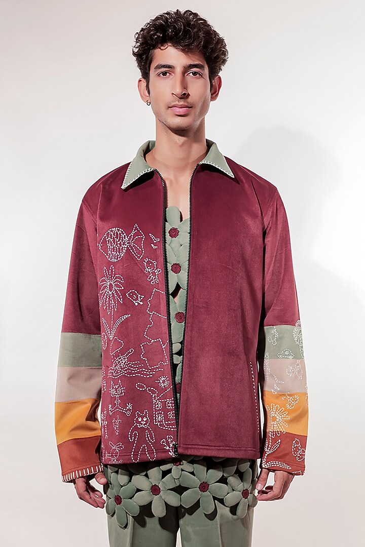 Maroon Suede Kantha Embroidered Jacket by Jubinav Chadha Men