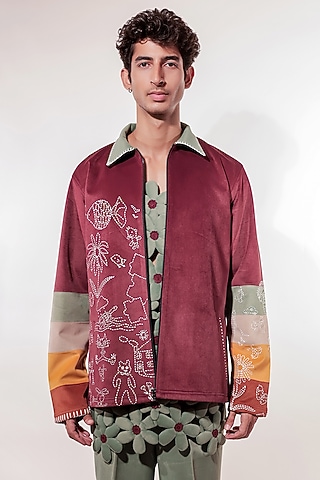 Maroon Suede Kantha Embroidered Jacket by Jubinav Chadha Men