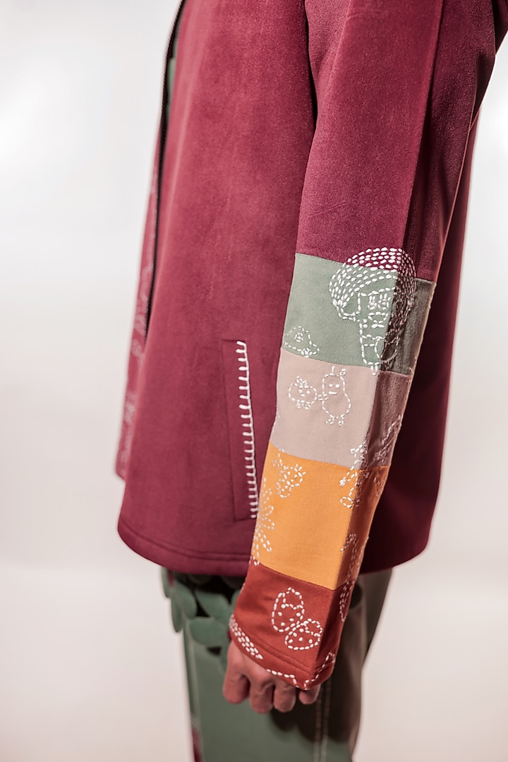 Maroon Suede Kantha Embroidered Jacket by Jubinav Chadha Men at Pernia's Pop Up Shop