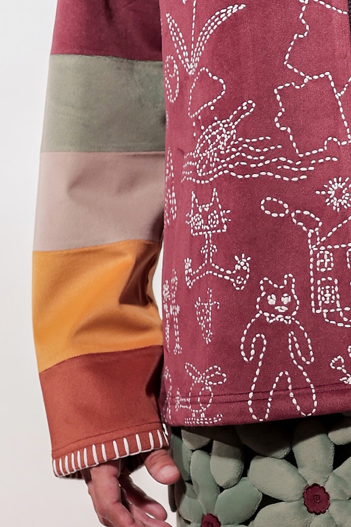 Maroon Suede Kantha Embroidered Jacket by Jubinav Chadha Men at Pernia's Pop Up Shop