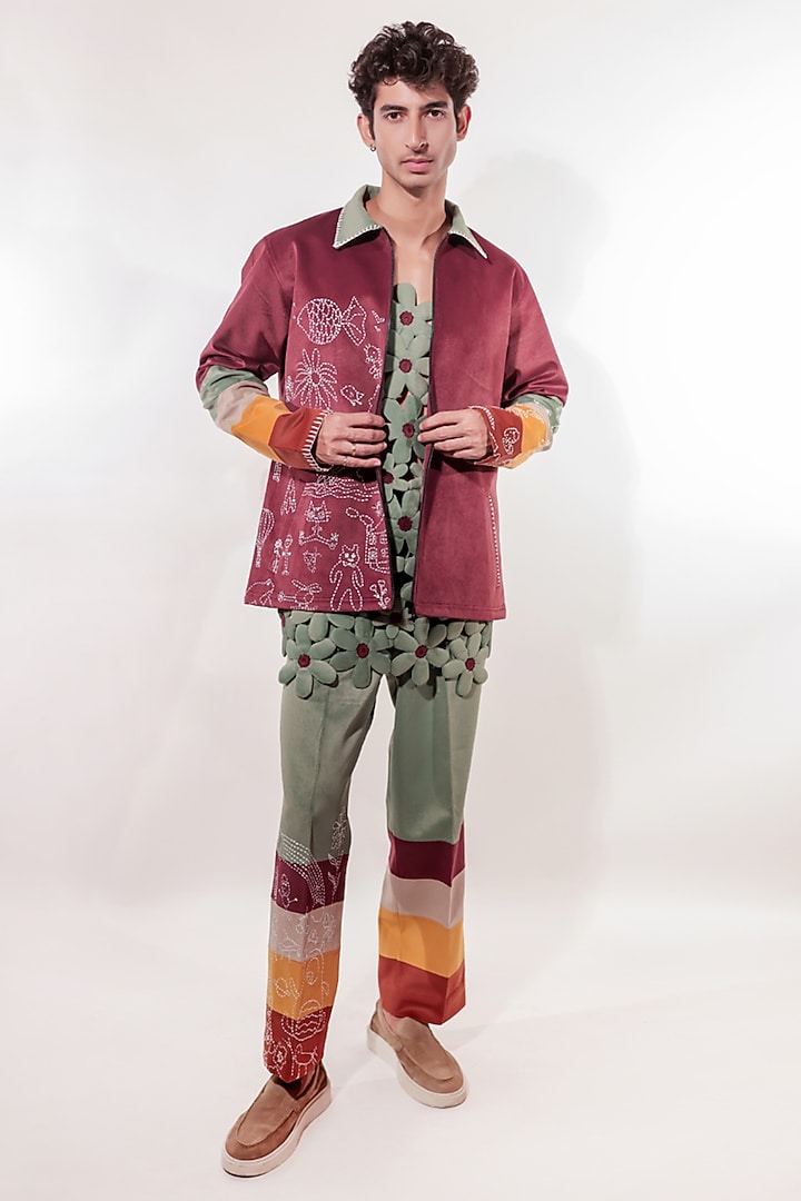 Maroon Suede Kantha Embroidered Jacket by Jubinav Chadha Men at Pernia's Pop Up Shop