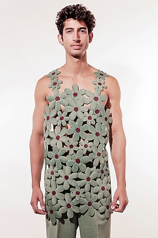 Green Suede 3D Quilted Vest by Jubinav Chadha Men