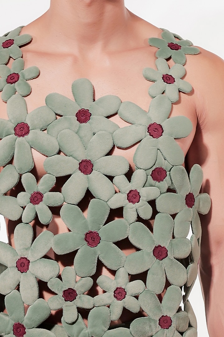 Green Suede 3D Quilted Vest by Jubinav Chadha Men at Pernia's Pop Up Shop