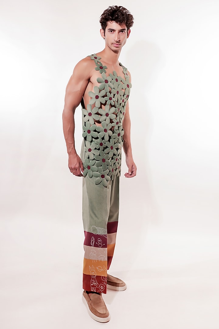 Green Suede 3D Quilted Vest by Jubinav Chadha Men at Pernia's Pop Up Shop