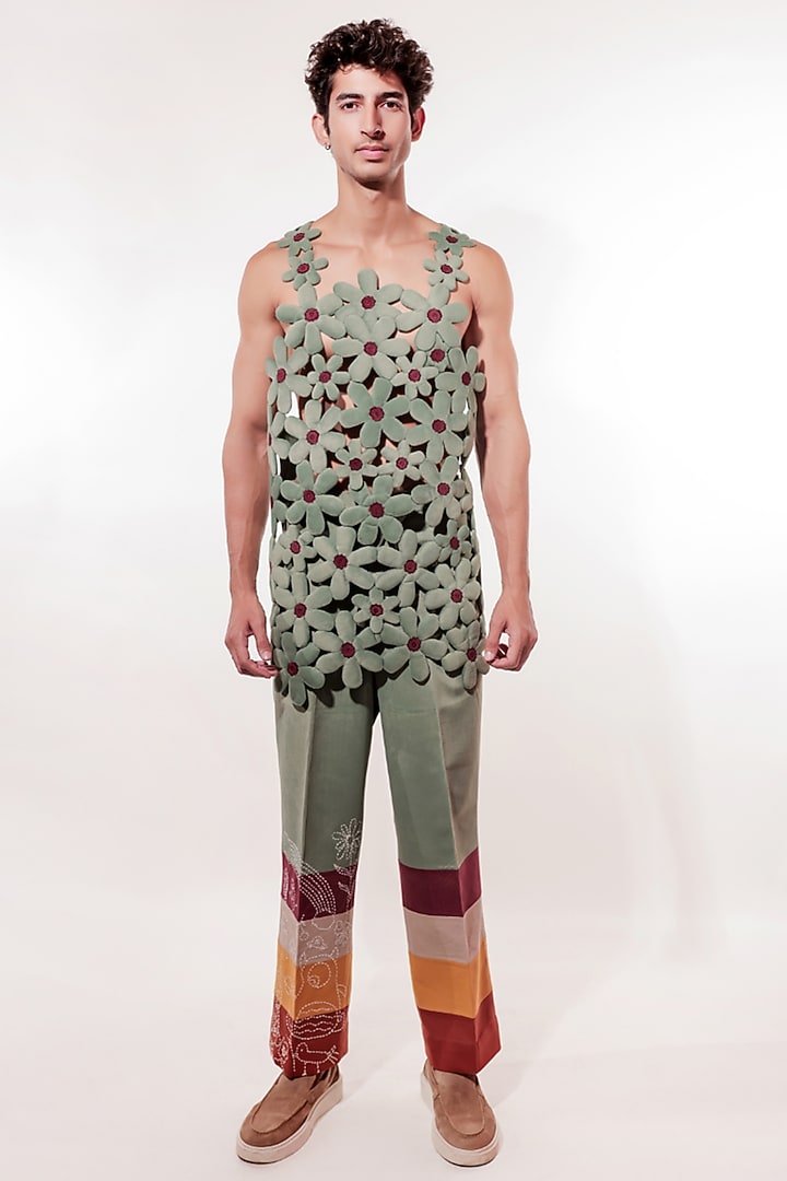 Green Suede Kantha Hand Embroidered Pants by Jubinav Chadha Men