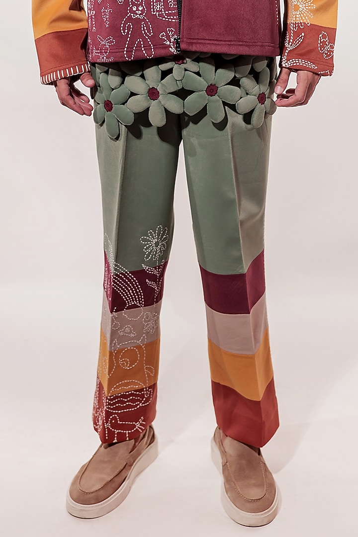 Green Suede Kantha Hand Embroidered Pants by Jubinav Chadha Men at Pernia's Pop Up Shop