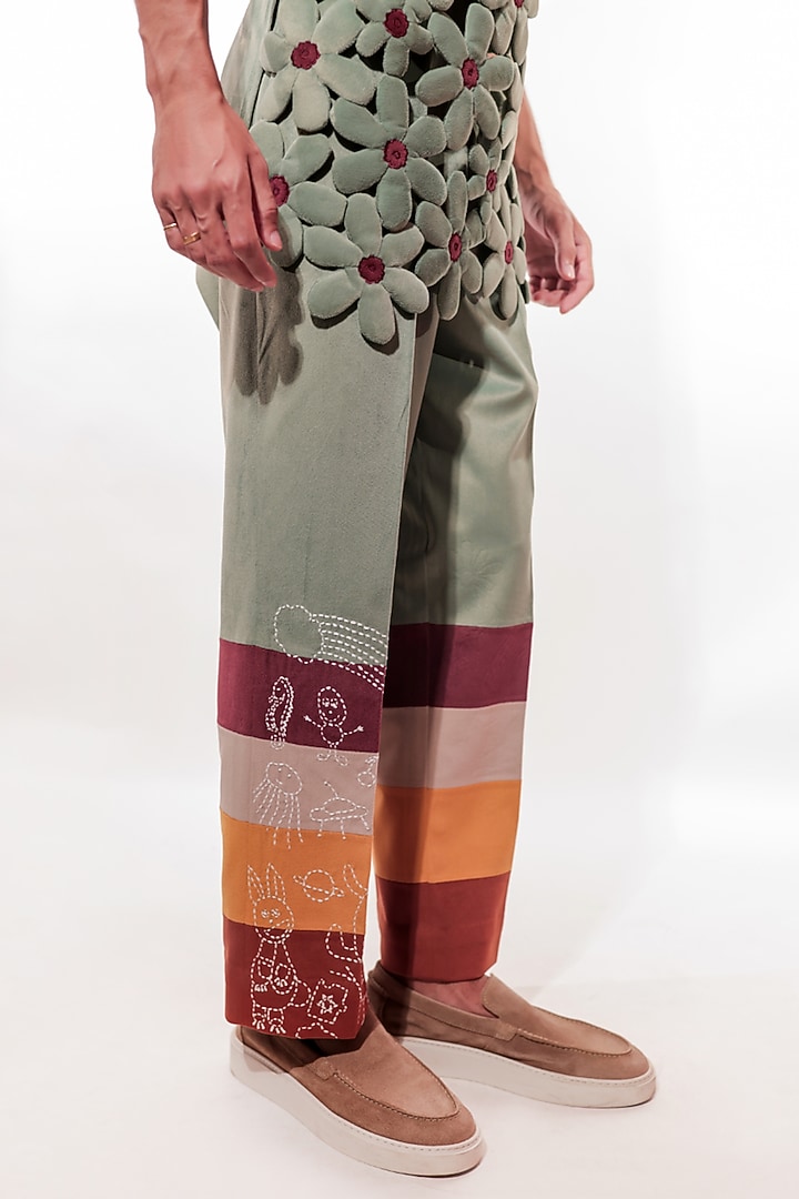 Green Suede Kantha Hand Embroidered Pants by Jubinav Chadha Men at Pernia's Pop Up Shop