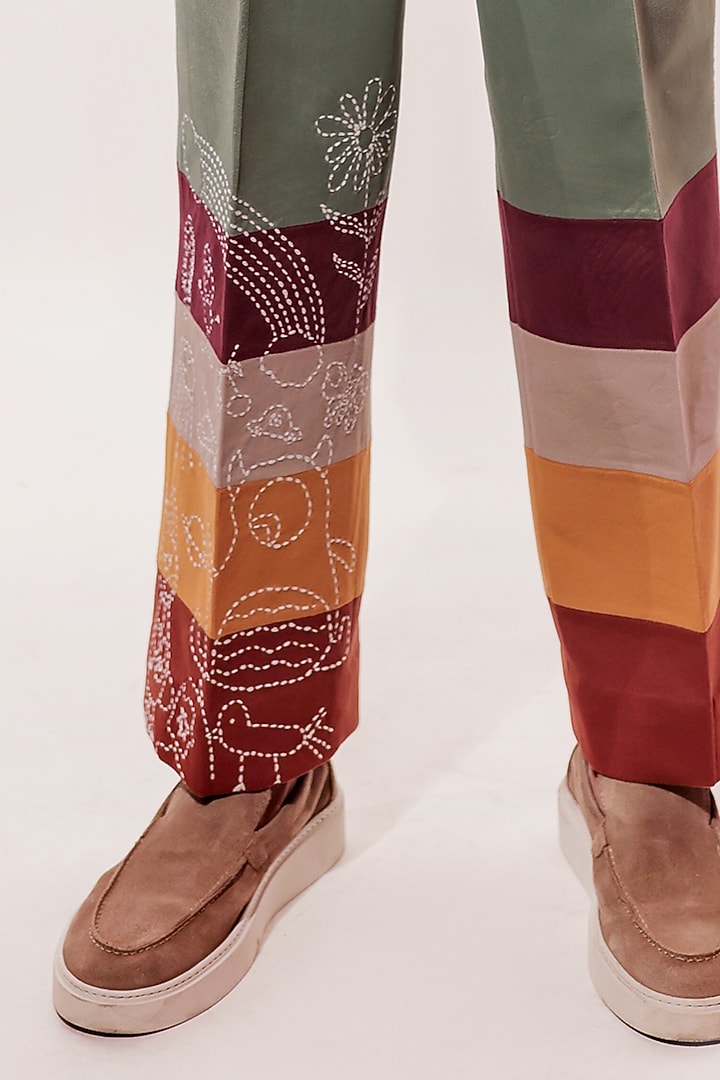 Green Suede Kantha Hand Embroidered Pants by Jubinav Chadha Men at Pernia's Pop Up Shop