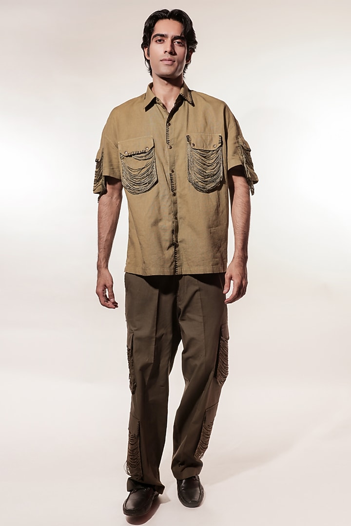 Olive Green Linen Co-Ord Set by Jubinav Chadha Men