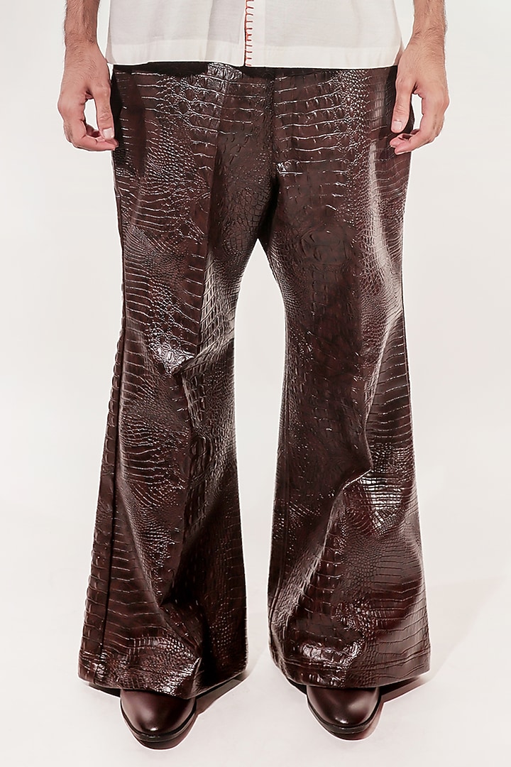 Dark Brown Vegan Leather Bell-Bottom Pants by Jubinav Chadha Men at Pernia's Pop Up Shop