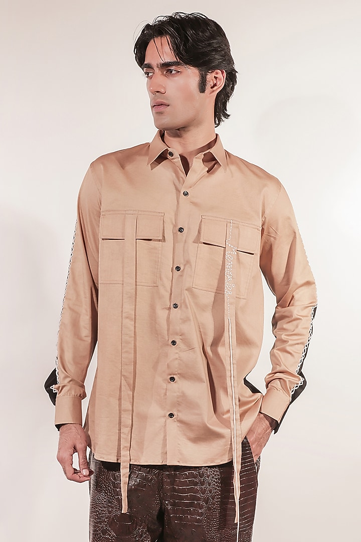 Beige Cotton Lycra Hand Embroidered Color-Blocked Shirt by Jubinav Chadha Men