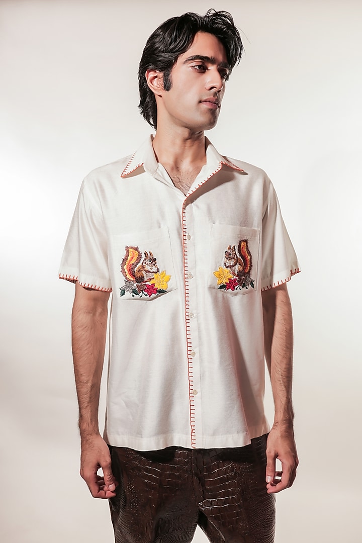 Ivory Silk Hand Embroidered Wedding Shirt by Jubinav Chadha Men at Pernia's Pop Up Shop