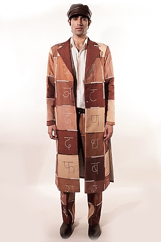 Brown Silk Hand Embroidered Trench Coat by Jubinav Chadha Men