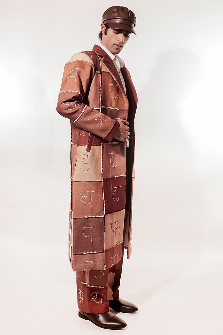 Brown Silk Hand Embroidered Trench Coat by Jubinav Chadha Men at Pernia's Pop Up Shop