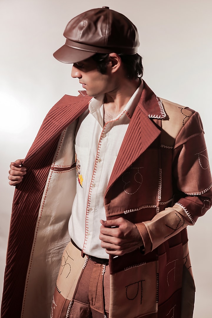 Brown Silk Hand Embroidered Trench Coat by Jubinav Chadha Men at Pernia's Pop Up Shop
