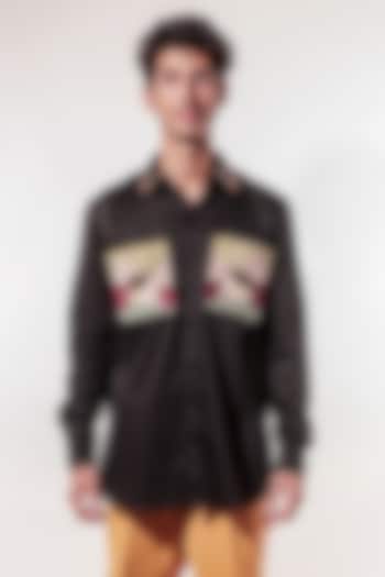 Black Cotton Lycra Patchwork Shirt by Jubinav Chadha Men