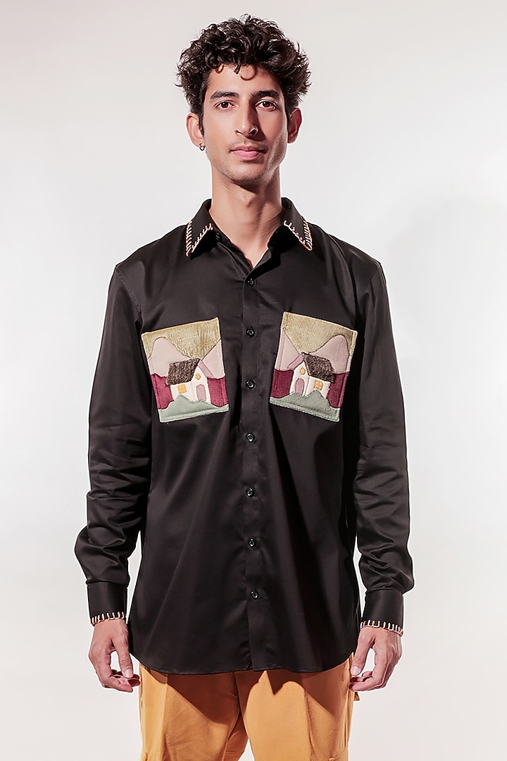 Black Cotton Lycra Patchwork Shirt by Jubinav Chadha Men