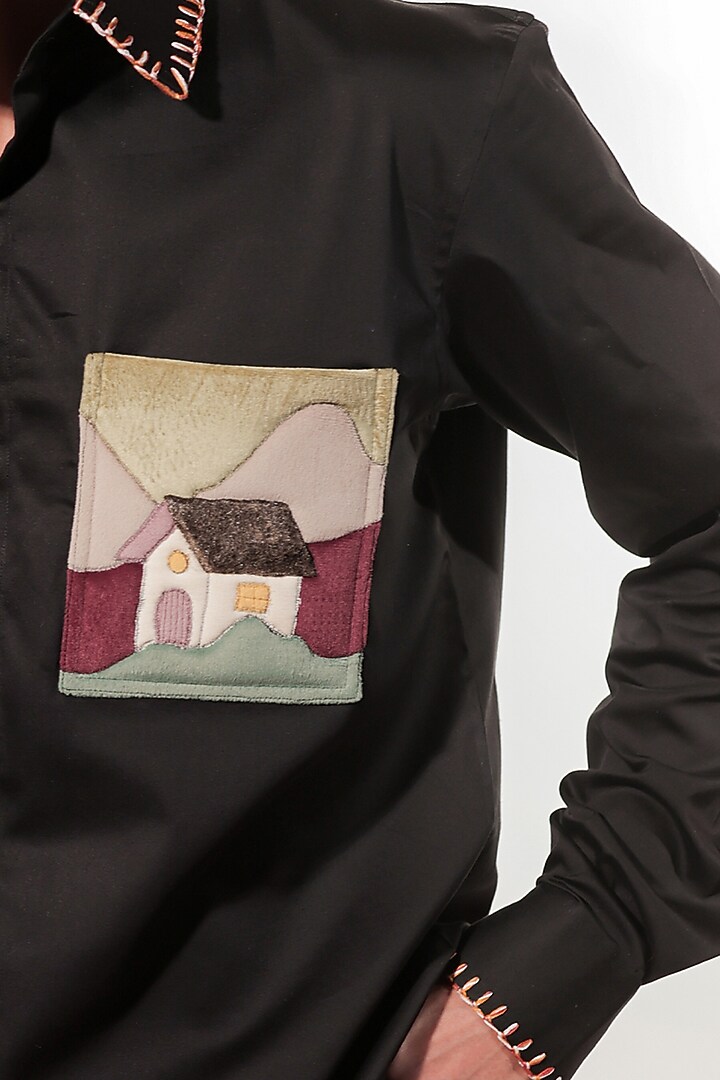 Black Cotton Lycra Patchwork Wedding Shirt by Jubinav Chadha Men at Pernia's Pop Up Shop