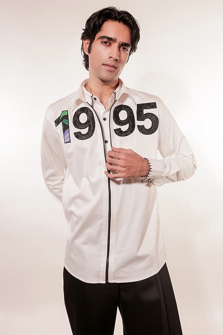White Cotton Lycra Hand Embroidered Party Wear Shirt by Jubinav Chadha Men at Pernia's Pop Up Shop