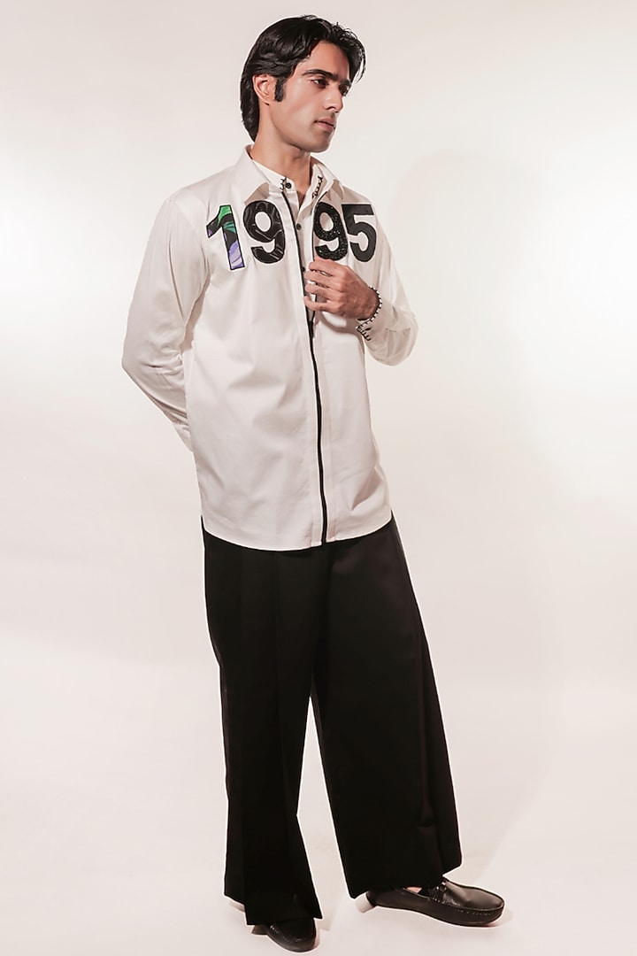 White Cotton Lycra Hand Embroidered Party Wear Shirt by Jubinav Chadha Men at Pernia's Pop Up Shop