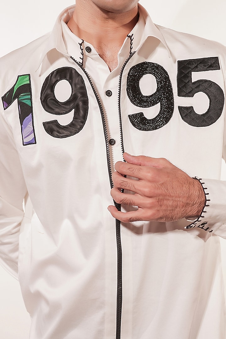 White Cotton Lycra Hand Embroidered Party Wear Shirt by Jubinav Chadha Men at Pernia's Pop Up Shop