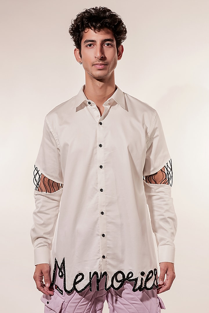 White Cotton Lycra Hand Embroidered Wedding Shirt by Jubinav Chadha Men at Pernia's Pop Up Shop