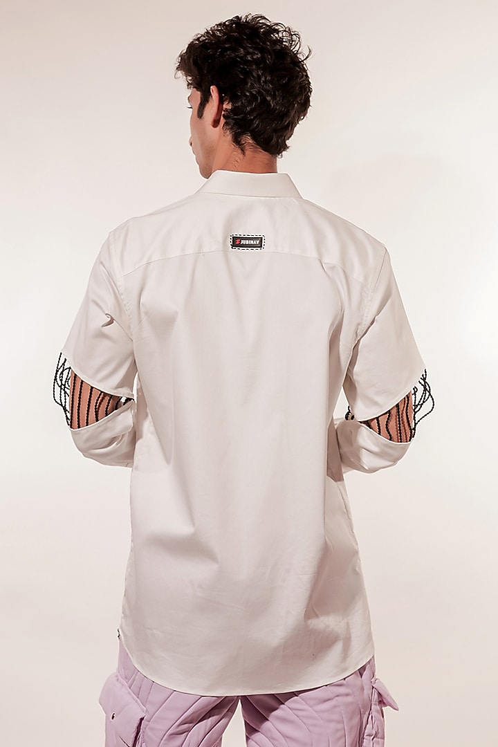 White Cotton Lycra Hand Embroidered Wedding Shirt by Jubinav Chadha Men at Pernia's Pop Up Shop