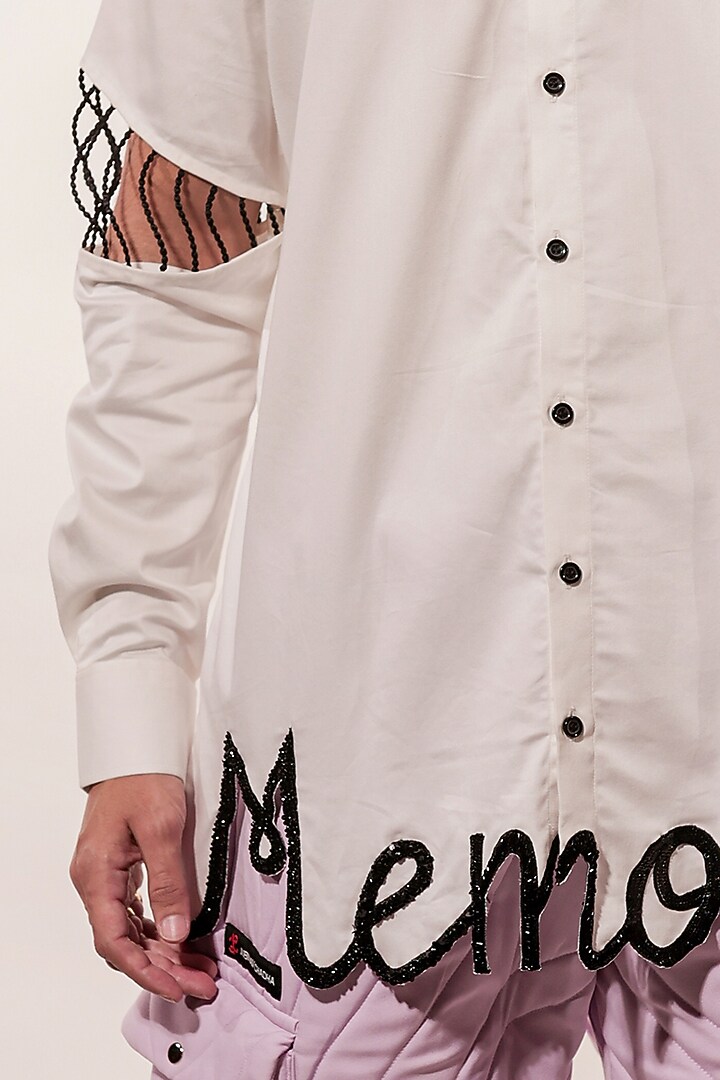 White Cotton Lycra Hand Embroidered Wedding Shirt by Jubinav Chadha Men at Pernia's Pop Up Shop