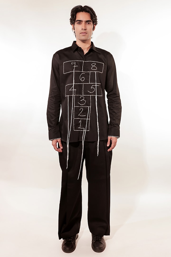 Black Cotton Lycra Hand Embroidered Party Wear Shirt by Jubinav Chadha Men at Pernia's Pop Up Shop
