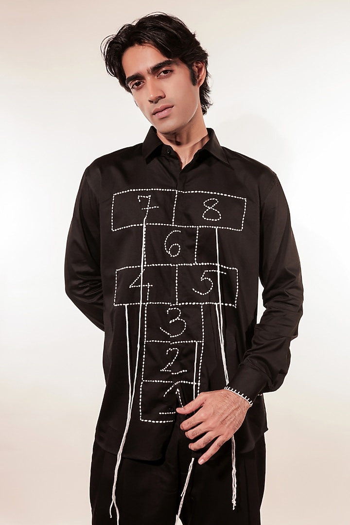 Black Cotton Lycra Hand Embroidered Shirt by Jubinav Chadha Men