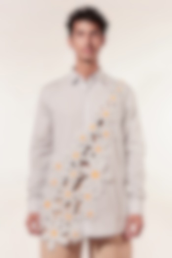 White Cotton 3D Floral Patchwork Striped Wedding Shirt by Jubinav Chadha Men at Pernia's Pop Up Shop