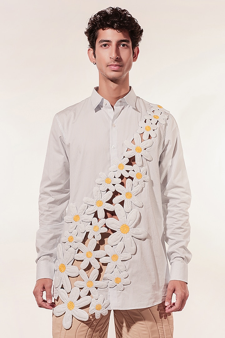 White Cotton 3D Floral Patchwork Striped Wedding Shirt by Jubinav Chadha Men at Pernia's Pop Up Shop