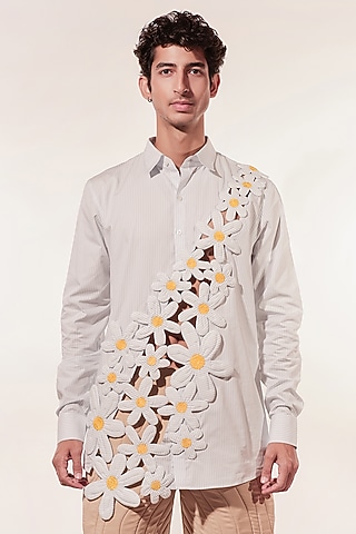 White Cotton 3D Floral Patchwork Striped Shirt by Jubinav Chadha Men
