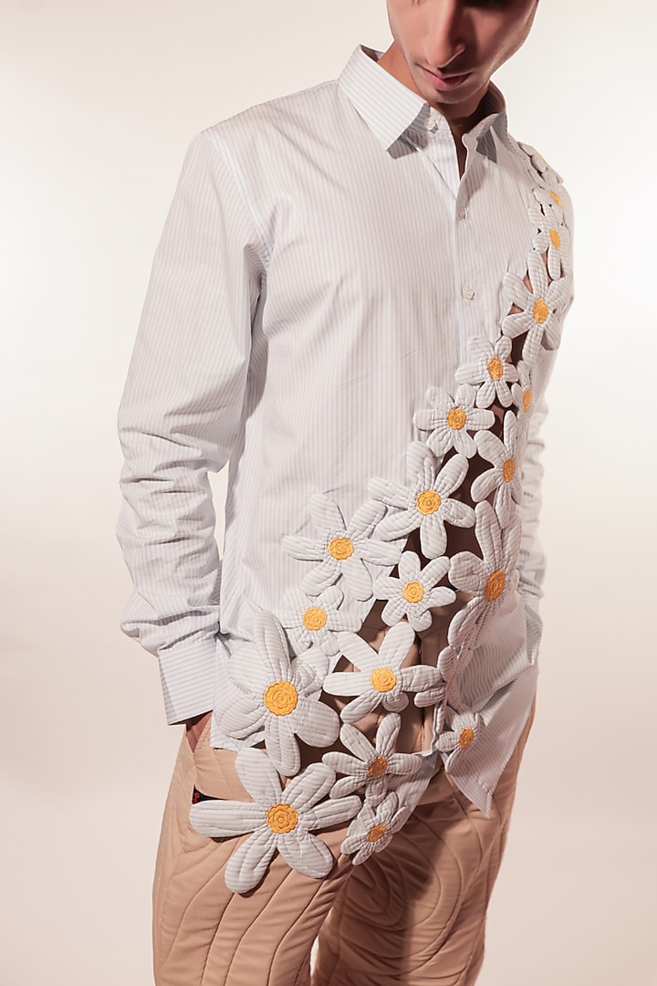 White Cotton 3D Floral Patchwork Striped Wedding Shirt by Jubinav Chadha Men at Pernia's Pop Up Shop