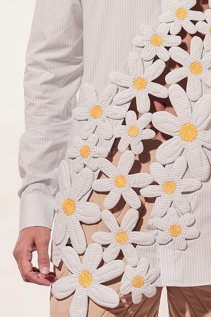 White Cotton 3D Floral Patchwork Striped Wedding Shirt by Jubinav Chadha Men at Pernia's Pop Up Shop