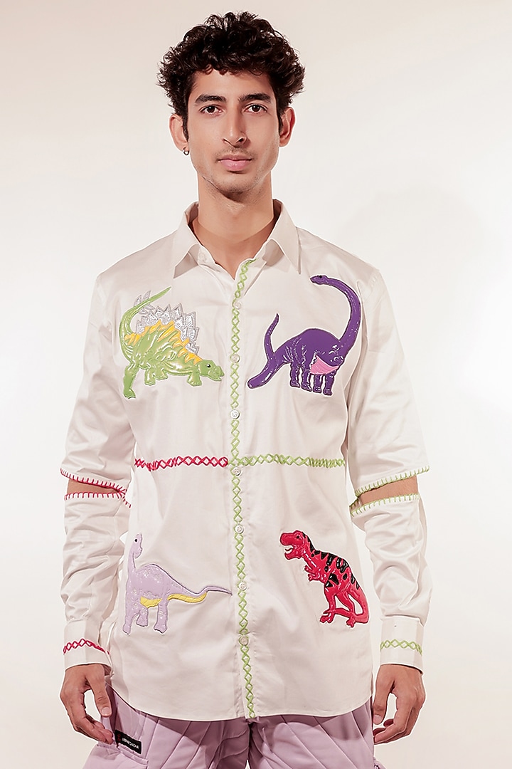 White Cotton Lycra Hand Embroidered Wedding Shirt by Jubinav Chadha Men at Pernia's Pop Up Shop